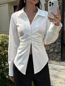 Livesso Blouse blanche élégante à col et taille cintrée, style décontracté pour l'été - Blanc - Voir 6