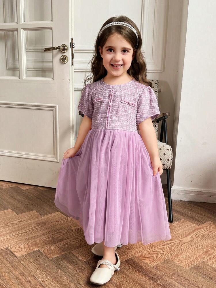 Young Girl Round Neck Puff Sleeve Little Lace Tulle Dress, Fall Outfit