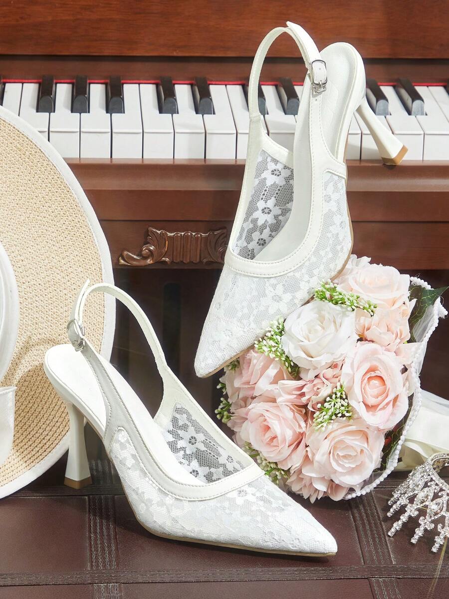 CUCCOO HITCHD Women's Elegant Lace Pointed Toe Pumps, Suitable For Commuting - White - View 1