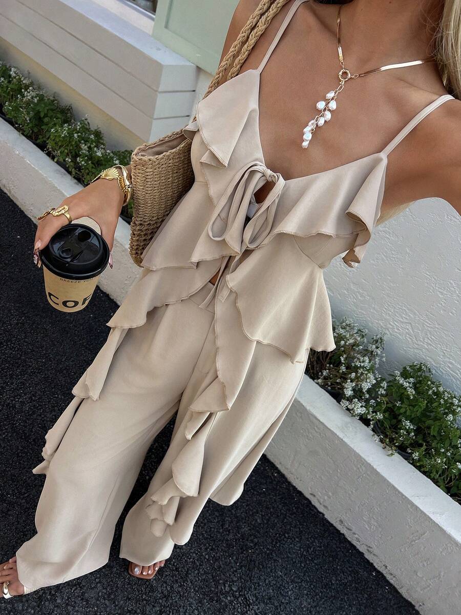 DAZY Women's Casual Ruffled Camisole Top And Pants Two Pieces Outfit, Suitable For Summer Vacation - Khaki - View 1