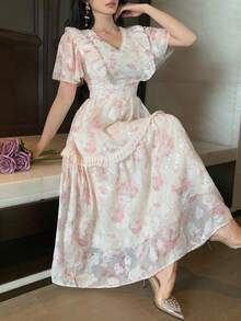 DAZY Gentle Lace Patchwork V-Neck Ruffle Hem Dress, Romantic Fairy Style, Summer Sundress - Baby Pink - View 5