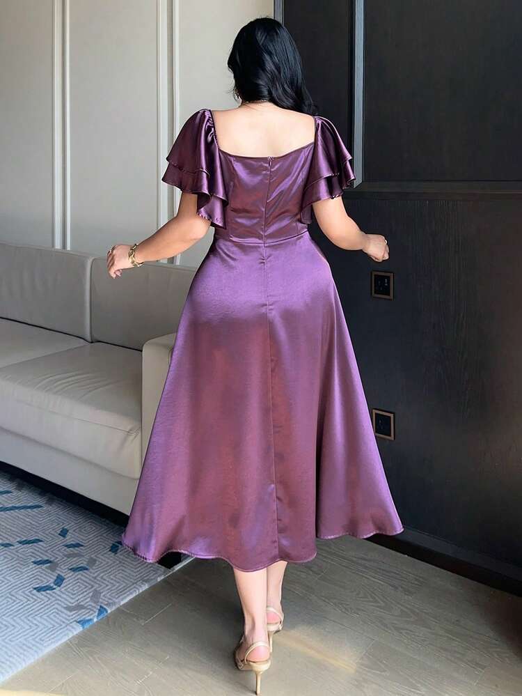 Dazy Plus Plus Size Women Solid Color Ruched Waist Elegant Ruffle Sleeve Cocktail Party Dress Sundress Summer