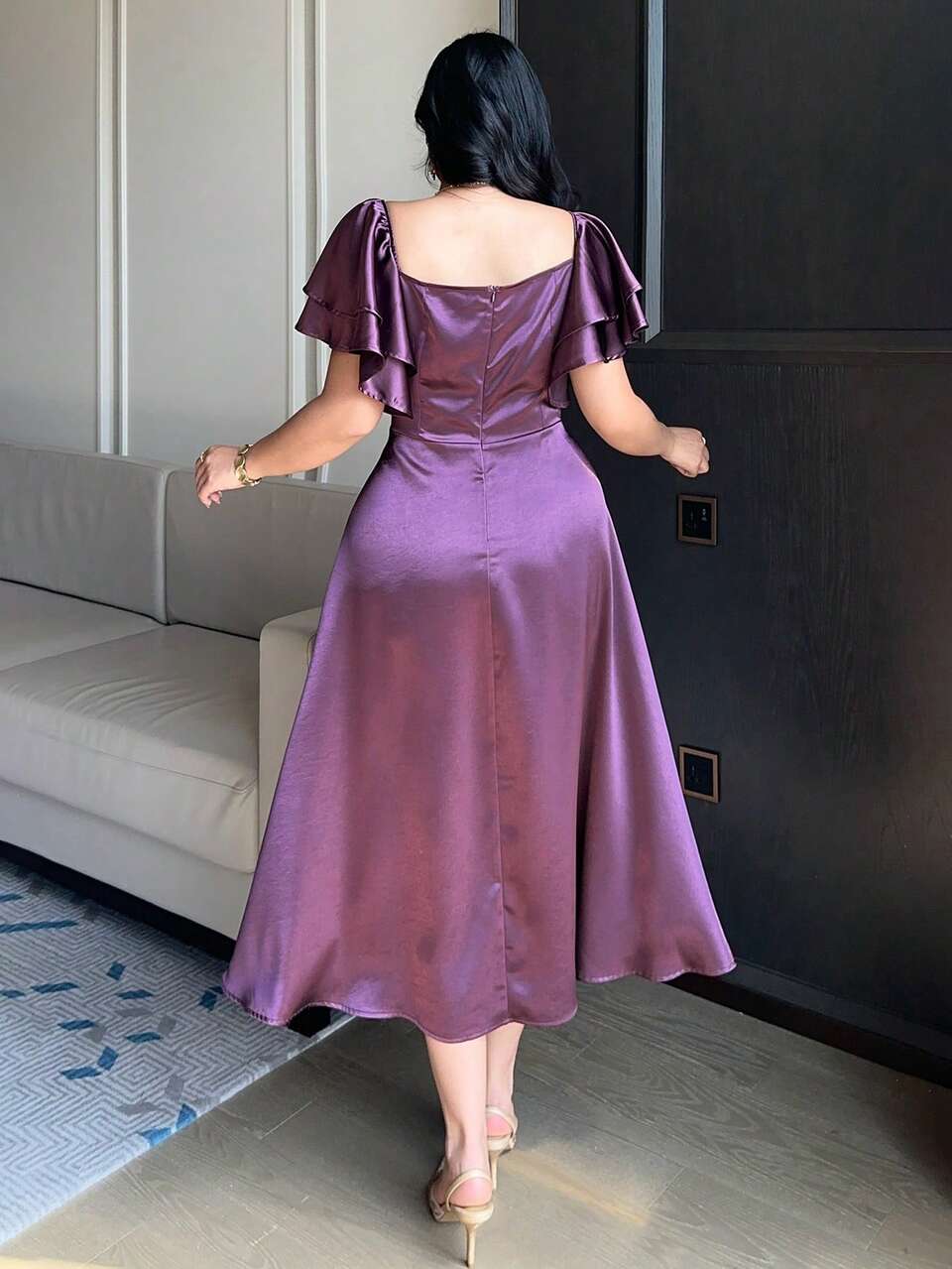 Dazy Plus Plus Size Women Solid Color Ruched Waist Elegant Ruffle Sleeve Cocktail Party Dress Sundress Summer