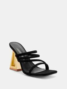 Glitzique Women's Black High Heel Shoes With Gold Pyramid Decor Mule Sandals, Elegant Party Dual-Use Slip-On High Heel Slides Spring Shoes Summer Shoes - Black - View 3