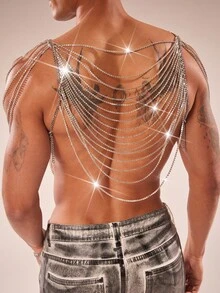 FeverCity Áo tank top lưới xuyên thấu gợi cảm đính đá cho nam - Bạc - Xem 2