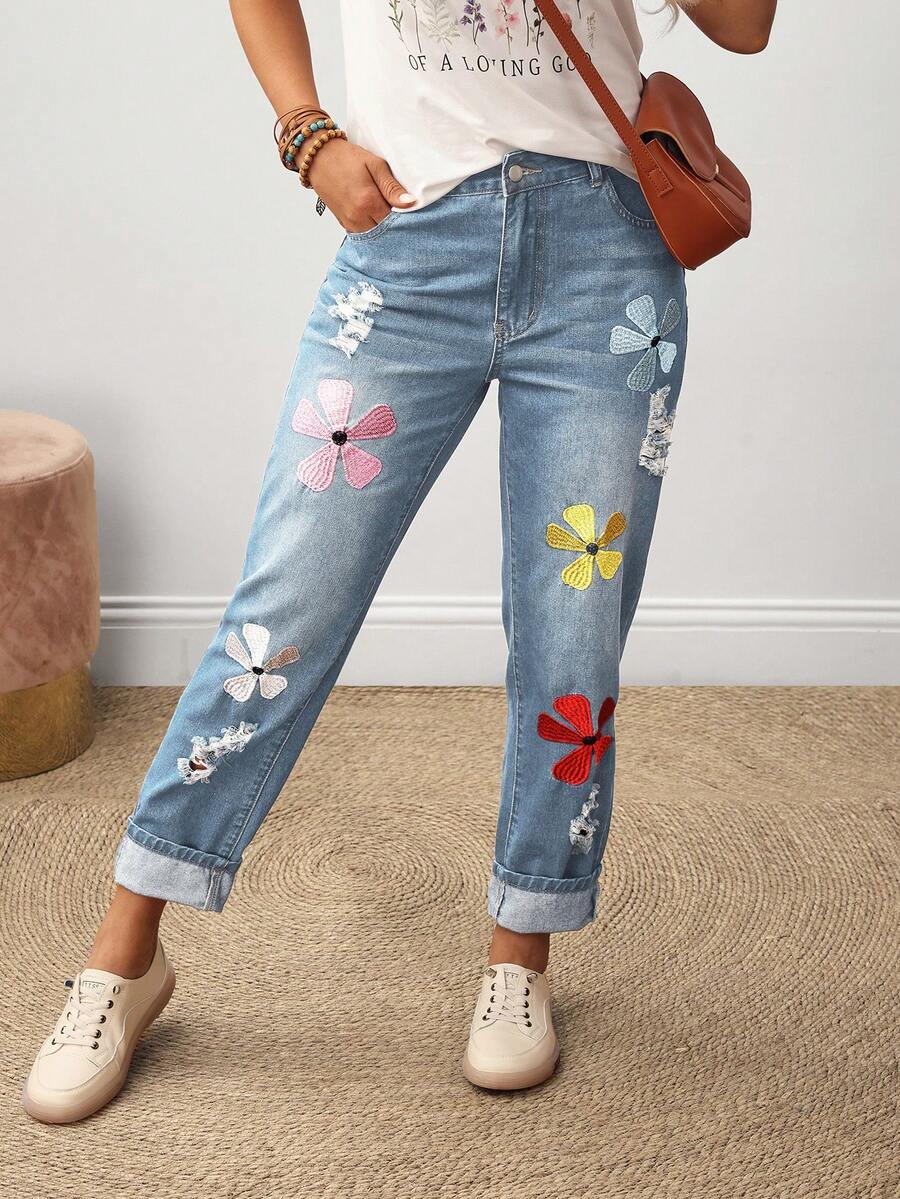 EMERY ROSE Quần jeans nữ dáng casual thêu hoa, có túi, rách. - Màu xanh lam - Xem 1