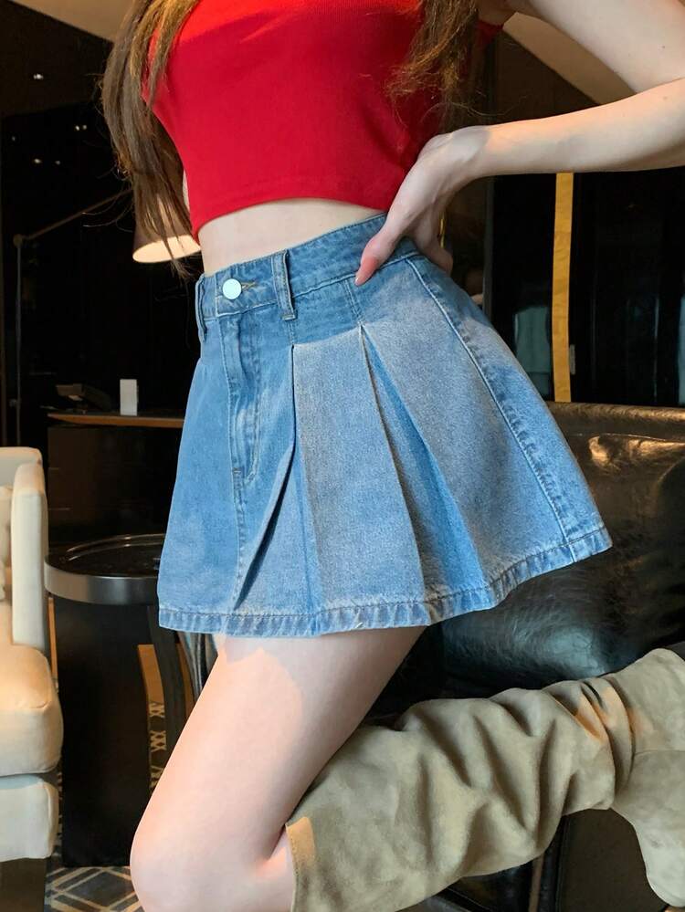 Women's Low-Waist Pleated Mini Skirt, Urban Casual Elegant Denim A-Line Skirt