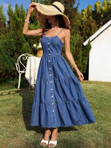 SHEIN Holidaya Women's Button-Up Cute & Sexy Spaghetti Strap Backless Thin Denim Dress, Spring/Summer - Medium Wash - View 4