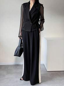 FRIFUL Women's Fashion Commuter Mesh Patchwork Double-Breasted Blazer - Black - View 7