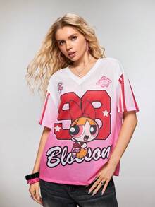 THE POWERPUFF GIRLS X SHEIN 女士V领卡通字母印花休闲百搭日常短袖T恤 - 粉色 - 查看 4
