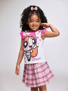 THE POWERPUFF GIRLS X SHEIN 女童休闲卡通印花短袖T恤，夏季 - 粉色 - 查看 5