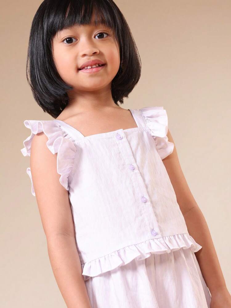 Girls Stripe Ruffle Flutter Sleeve Button Up Co-Ord Set Summer Casual Tank Top Wide Leg Pants Outfit Two Piece Matching Set