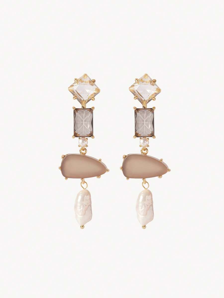 Opalesca 不对称宝石+多层珍珠耳环，长款设计，修饰脸型，奢华耳环，适合欧美时尚服饰 - 彩色 - 查看 1