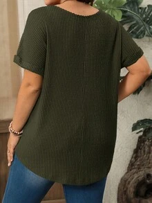EMERY ROSE 大码女式蓝色V领插肩袖腋下条纹磨毛宽松度假上衣，适合日常休闲春季和夏季穿着，也适合春假穿着。 - 軍綠色 - 查看 2