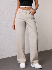 SHEIN EZwear Women's Pocket Button Casual Versatile Daily Wear Wide Leg Jeans - Light Grey - View 3