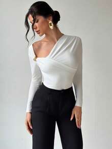 Firerie Women's Asymmetric Shoulder Long Sleeve Wrap Bodysuit,Metal Decor Ruched Waist Slim Fit White Elegant Top,Autumn Night Out Airport Outfit - White - View 10