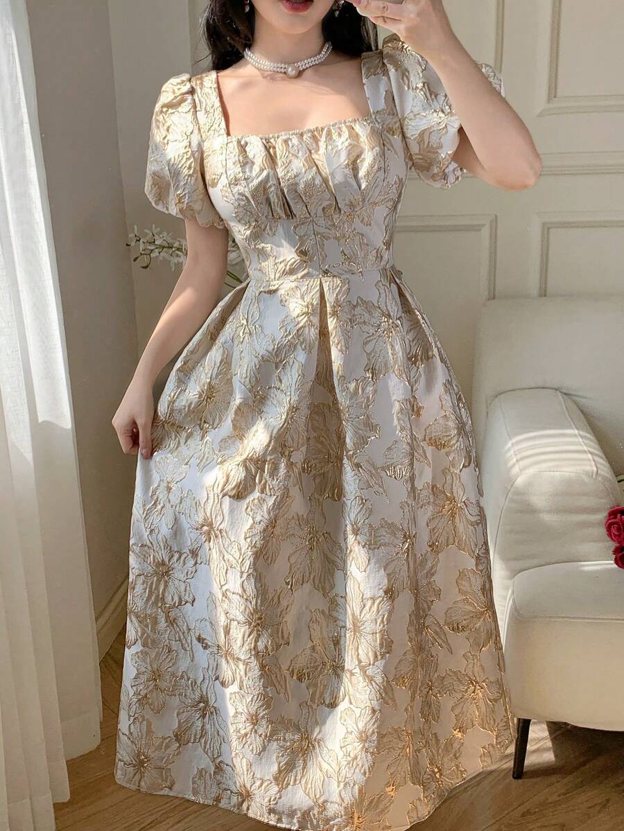 Celisse 方领收腰优雅连衣裙，采用3D压纹面料，A字中长款女式连衣裙 - 彩色 - 查看 1