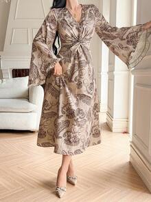 DAZY Women's Elegant Commuter Paisley Print Twist Flare Sleeve Midi Dress - Brown - View 2