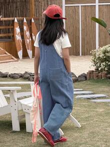 Dazy Kids Bộ áo liền quần denim ống rộng kẻ sọc có túi dành cho bé gái tuổi teen, thích hợp mặc hàng ngày hoặc đi nghỉ mát. - Màu xanh lam - Xem 6