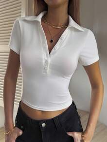 DAZY Women's Collared Half-Zip Short Sleeve Fitted Casual T-Shirt Y2k Summer Crop Top - White - View 8