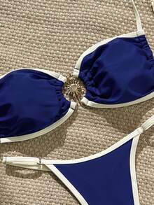 Bonvoyette Conjunto de bikini de unicolor con adorno de contraste y decoración metálica para mujer, primavera/verano - Azul - Ver 5