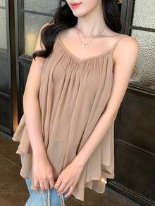 DAZY Women's Loose Chiffon Asymmetrical Hem Casual Summer Camisole Top - Apricot - View 6