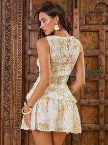 Đầm ngắn không tay dáng ôm, in họa tiết jacquard, có bèo nhún ở gấu váy. - Nhiều màu - Xem 2