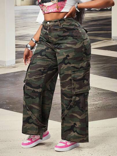 Slaydiva Jeans holgados de talle alto con bolsillos cargo de camuflaje, talla grande para mujer