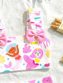 Baby Girl Cartoon Graphic Bow Detail Ruffle Trim Bikini Swimsuit With Headband - Multicolor - View 8