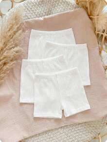 SHEIN Bộ 4 quần short dệt kim mềm mại, màu trơn, cạp chun cho bé gái sơ sinh, kiểu dáng thường ngày. - trắng - Xem 3