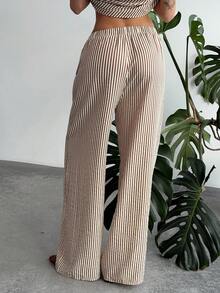 Aloruh Women's Summer 2-Piece Set, Casual Off Shoulder Asymmetrical Striped Top And Relaxed Pants, Commuting Outfit - Brown - View 6