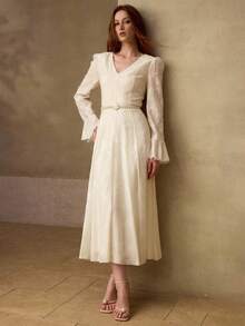 MOTF PREMIUM ELEGANT JACQUARD FABRIC FLARE SLEEVE BELTED LONG DRESS FOR WOMEN - Multicolor - View 5