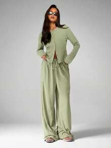 MISSGUIDED Sage Green Button Up Cardigan And Wide Leg Pants Soft Touch Co-Ord Set Casual Two Piece Outfit Loungewear - Green - View 3