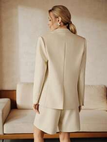 Anewsta 2pcs/Set Spring & Autumn Urban Chic Mustard Yellow Women's Suit Set, Lapel Long Sleeve Office Commute Blazer Jacket + High Waist Short Suit Pants - Light Yellow - View 7