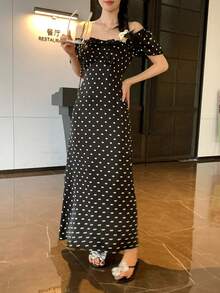DAZY 女士休闲波点印花连衣裙，适合度假 - 黑色 - 查看 5