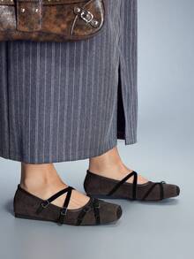 CUCCOO GRLICON Burgundy Multi-Strap Square Toe Mary Jane Shoes, Retro Sweet Style Flat Shoes, Suitable For Motorcycle Outfit, Spring/Summer, Vacation, Travel, 2000's Style - Coffee Brown - View 3