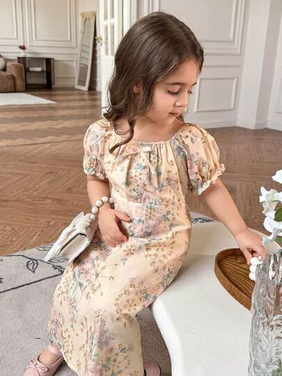 DAZY Girls' French Embroidered Floral Short Sleeve Dress, Slim Fit Summer Vacation Style