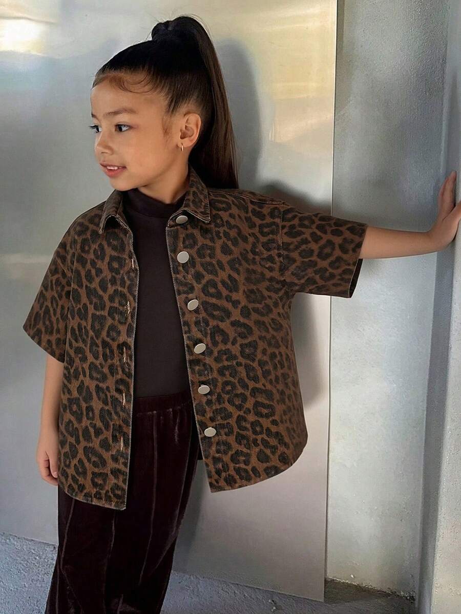 DAZY Young Girl Casual Loose Leopard Print Single-Breasted Short Sleeve Jacket - Brown - View 1