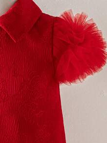 Elladie kids 1pc Girls Summer New Loose Fit Collar Rhinestone Floral Design Cap Sleeve Mesh Back Straight Dress, Simple Yet Fashionable And Elegant Princess Style - Red - View 7