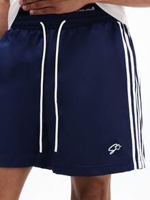 SUMWON Men's Navy Side Stripe Drawstring Summer Casual Shorts With White Contrast Athletic Tape Detail - Royal Blue - View 6