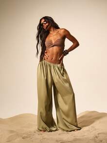 MISSGUIDED Women High Rise Wide Leg Palazzo Pants Flowy Boho Summer Beach Vacation Casual Loose Fit Trousers - Green - View 5