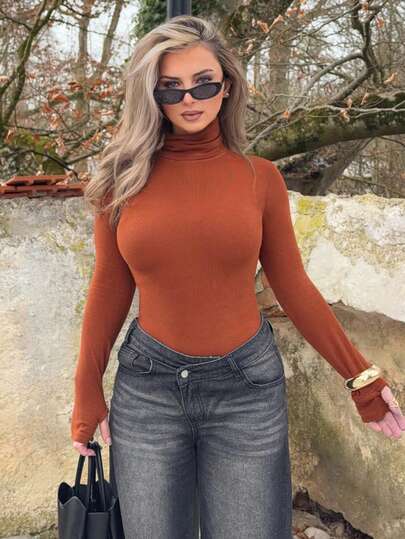 Jeta Ari 女式纯色长袖休闲高领修身打底T恤