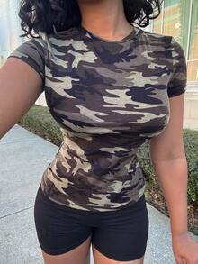 Alexandranx 夏季迷彩印花紧身短袖女式休闲T恤 - 軍綠色 - 查看 3