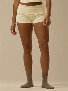 MUSERA ESSENTIALS Rib Fold Over Waist Mini Shorts Basic Spring Summer Vacation Holiday  Pants - Pale Yellow - View 3