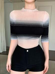 DAZY Light Grey,Summer,Chic,Night Out Gradient Striped Contrast Color Turtleneck Knit Top,Slim Fit Sheer Short Sleeve Blouse,Elegant Office Wear For Women - Pink - View 9