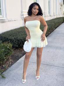 Alexandranx Vestido curto justo sem alças, amarelo creme, primavera/verão, com babados na bainha, vestido fofo de verão, vestido para brunch, vestido amarelo - Amarelo - Ver 5