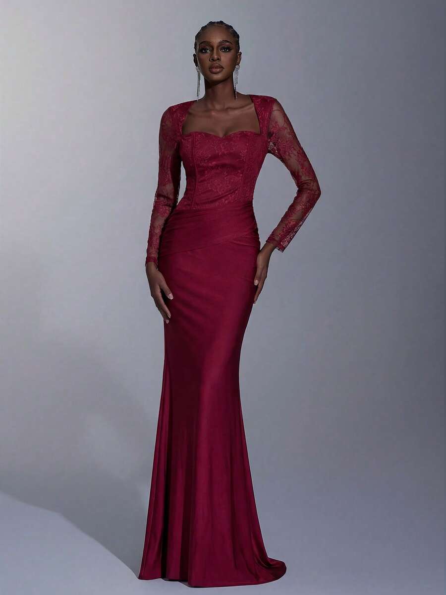 Elitara Burgundy Spring Formal Evening Wedding Bridesmaid Dress,Lace Patchwork Long Sleeve Ruched Fishtail Hem Trailing Elegant Birthday Party Event Gown - Burgundy - View 1