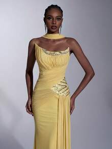 Elitara Elegant Minimalist High-Stretch Mesh Strapless Asymmetric Ruched Luxurious 3D Rhinestone Mermaid Draped Flounce(Detachable Halter)Formal Evening Gown - Light Yellow - View 3
