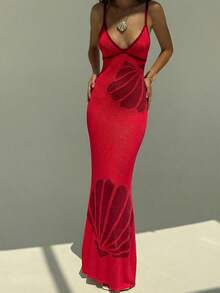 Aloruh Spring/Summer Vacation Romantic Date Shell Embroidery Knit Contrast Trim Women Sweater Dress - Red - View 3