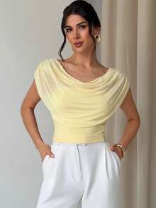 Firerie Áo thun nữ màu vàng nhạt dáng ôm, cổ bèo nhún, chất liệu lưới, thích hợp cho đi làm, đi nghỉ mát, hẹn hò lãng mạn. Phù hợp cho giáo viên, sân bay, đi chơi, đi nghỉ mát sang trọng. - Màu vàng - Xem 4